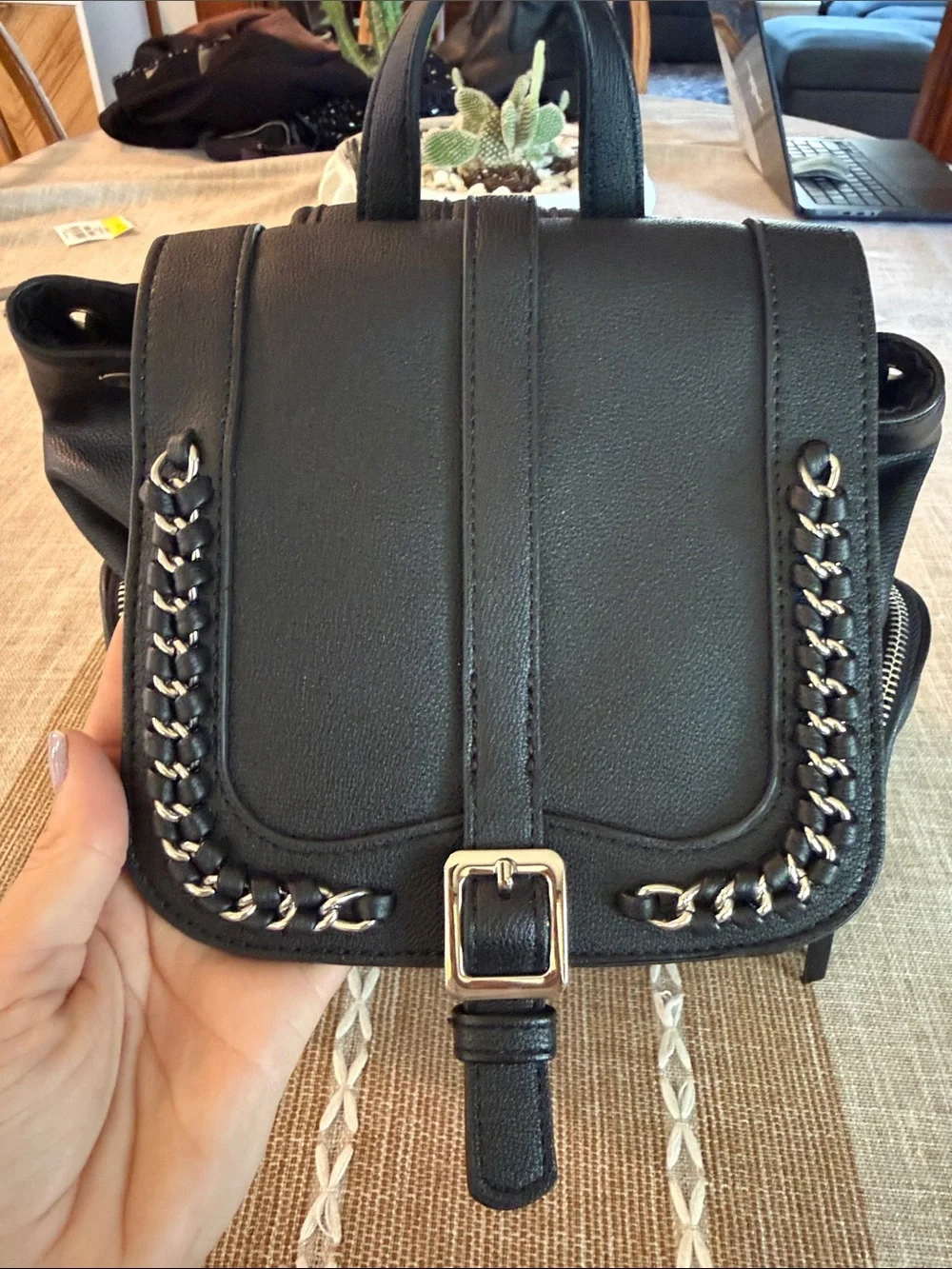 House of Harlow 1960 Black Chain Trim Backpack Faux Leather Buckle